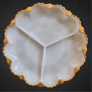 Anchor Hocking Fire-King White Milk Glass 22K Gold Rim Divided Section Platter